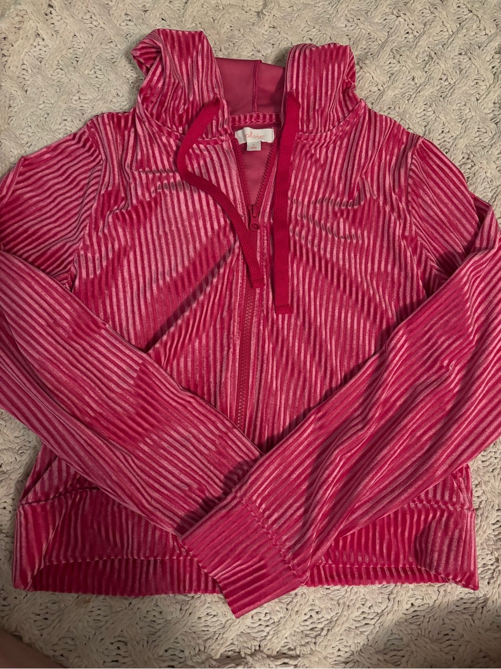 Colsie Hot Pink Striped Velvet Zip Hoodie